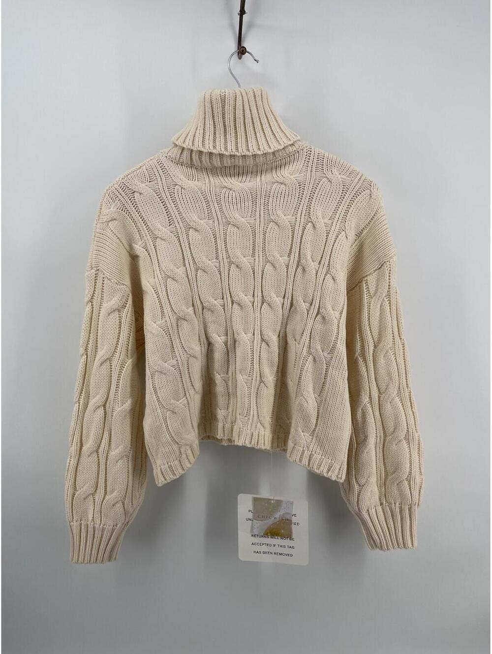 CHICWISH Women’s Cream Cable Knit Turtleneck Sweater Cropped Chunky One Size